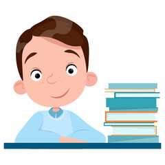 Cute boy pupil smiling and book side view