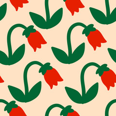 Naive floral seamless pattern with abstract red bell flowers on light background. Minimalistic floral design for wallpaper,design paper or bedding.