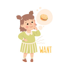 Little Hungry Girl Wanting Eat Hamburger Demonstrating Vocabulary and Verb Studying Vector Illustration