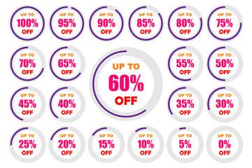 5 to 100 Percent Sale Discount tag on rounded vector illustration. Ideal for Sales or discount promotion, Ad, graph or chart.