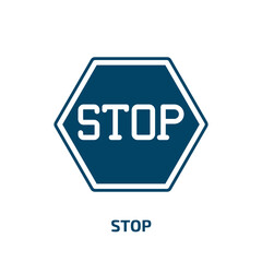 stop icon from signs collection. Filled stop, button, business glyph icons isolated on white background. Black vector stop sign, symbol for web design and mobile apps