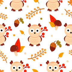 Autumn seamless pattern with cute owlet, leaves, mushrooms. Vector illustration.