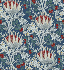 Floral seamless pattern with big red flowers and foliage on dark blue background. Vector illustration. - 532421260