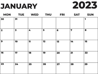 January 2023 Black and White Monday Start Landscaped Monthly Planner
