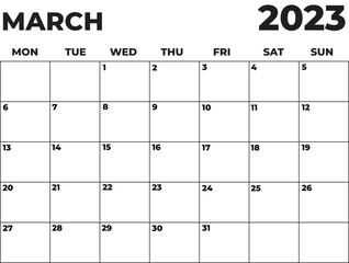 March 2023 Black and White Monday Start Landscaped Monthly Planner
