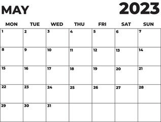 May 2023 Black and White Monday Start Landscaped Monthly Planner
