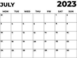 July 2023 Black and White Monday Start Landscaped Monthly Planner
