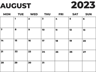 August 2023 Black and White Monday Start Landscaped Monthly Planner
