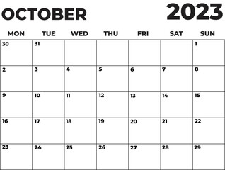 October 2023 Black and White Monday Start Landscaped Monthly Planner
 - obrazy, fototapety, plakaty