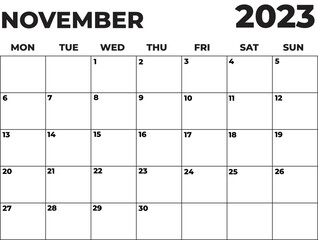 November 2023 Black and White Monday Start Landscaped Monthly Planner
