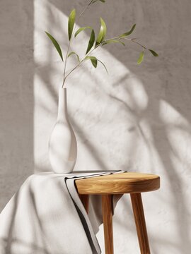 3d wooden chair covered by fabric and plant in vase against white concrete wall. 3d rendering of realistic presentation for product advertising. 3d illustration.