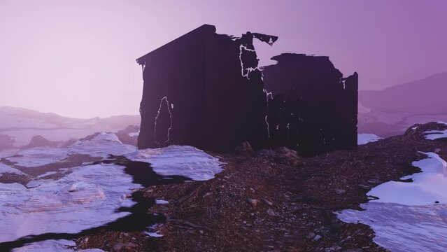 Fantastic Sci-Fi Landscape of nuclear winter radioactive architecture. Beautiful slow motion footage with Valley after catastrophe.