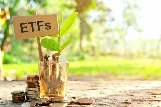 Investment on ETF or Exchange Traded Fund concept. Coins in a jar with soil and growing plant in nature background.