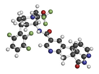 Atogepant migraine drug molecule (CGRP inhibitor), 3D rendering.
