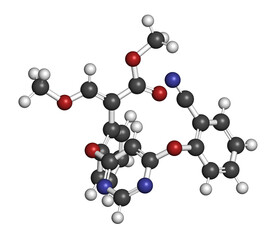 Azoxystrobin fungicide molecule. 3D rendering. Atoms are represented as spheres with conventional color coding.