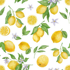Lemon fruits with leaves and flower watercolor seamless pattern on white background