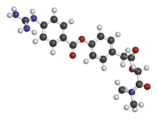 Camostat drug molecule. Serine protease inhibitor, investigated for treatment of Covid-19, 3D rendering.