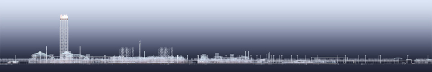 LNG plant. Scheme with white lines and gradient background. 3d-rendering