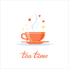Teacup with hearts and stars in the steam. Tea Time lettering. Tea party invitation, decorative element, poster, sticker for diary