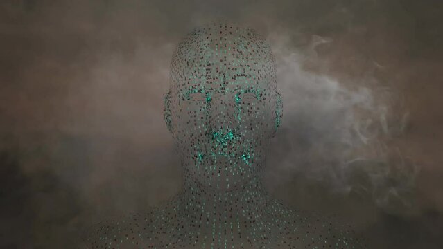 Animation of digital human head over smoke on grey background