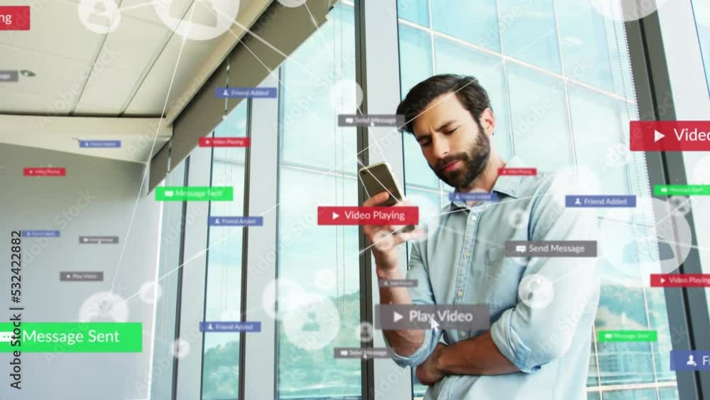 Poster animation of network of connetcions with icons over caucasian man using smartphone