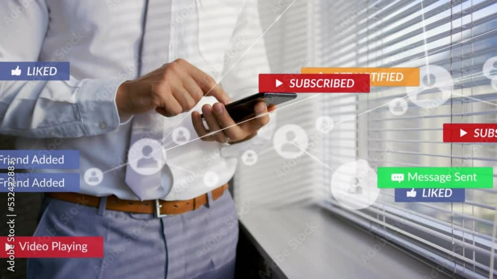 Poster animation of network of connetcions with icons over cuacasian man using smartphone