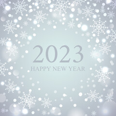 2023 Happy new year post card for your design. Calligraphy inscription in a circle with snowflakes. 