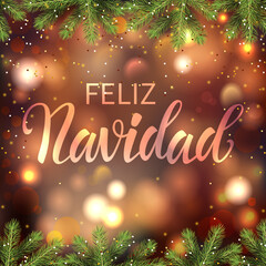 Feliz Navidad - Merry Christmas in Spanish on a glowing background. Fir branches and snowflakes, vector illustration.