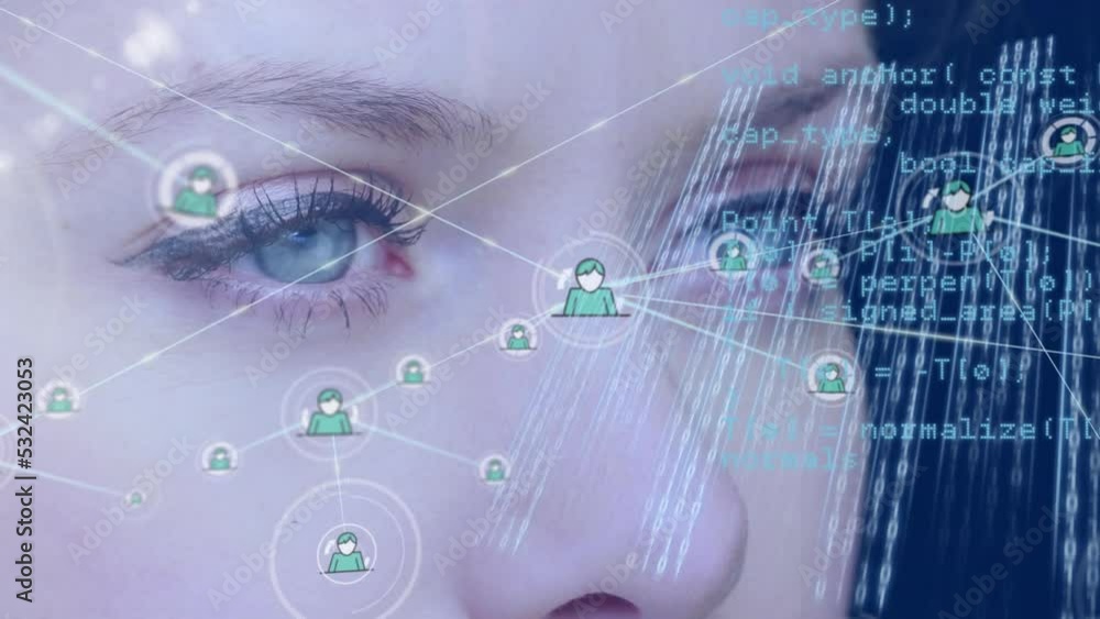Poster animation of network of connetcions with icons and data processing over caucasian woman