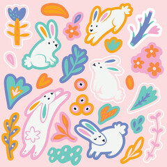 Cute cartoon sticker set with white rabbits, flowers and leaves. Vector flat illustration