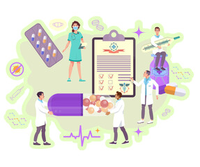 Medicine concept. Medical staff of the clinic. Painkillers, drugs, pharmacy. Doctors helping to the patients. Flat vector illustration. 