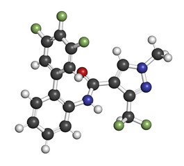 Fluxapyroxad fungicide molecule, 3D rendering.