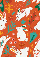 Fototapeta na wymiar Seamless pattern with white rabbits, flowers and leaves in red colours. Vector illustration