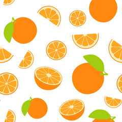 Orange fruits seamless pattern. Background in flat style isolated on white. Piece and Half of orange
