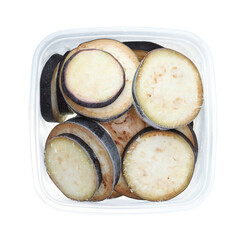 Slices of frozen eggplant in plastic container. Top view of vegetables isolated on white background. Storage for winter storage in trays