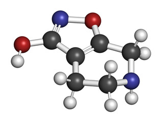 Gaboxadol drug molecule, 3D rendering.