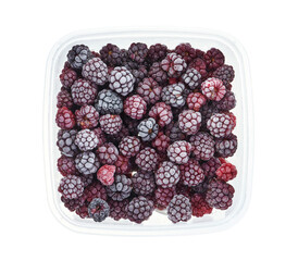 Plastic container with frozen blackberry. Top view of frozen food isolated on white background. Preparing vegetables for freezing. Storage for winter storage in trays