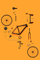 Gravel or road bicycle zenithal divided into its components. 10 gear microshift, single chainring, carbon fiber fork, vertical