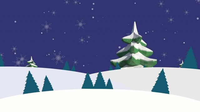Animation of snow falling over winter scenery