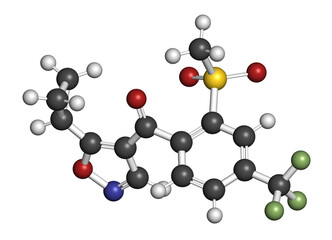 Isoxaflutole herbicide molecule, 3D rendering.