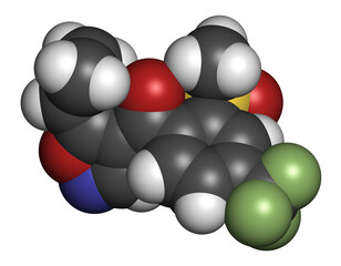 Isoxaflutole herbicide molecule, 3D rendering.