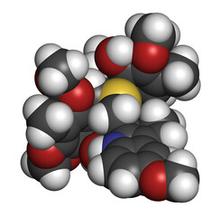 Lurbinectedin cancer drug molecule, 3D rendering.