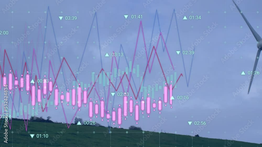 Poster animation of statistics and data processing over wind turbine