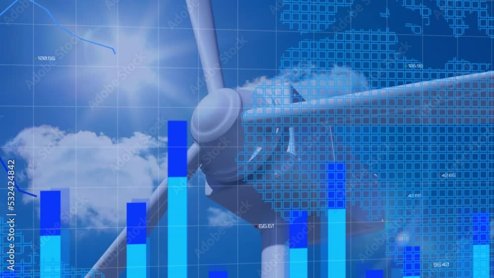 Poster animation of statistics and data processing over wind turbine