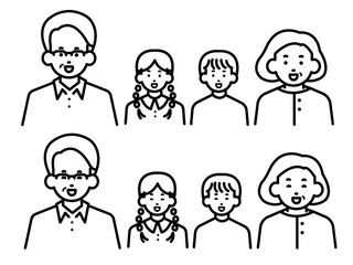 祖父母と孫のイラスト、表情近いの素材セット　線画のみ