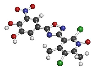 Opicapone Parkinson's disease drug molecule, 3D rendering.