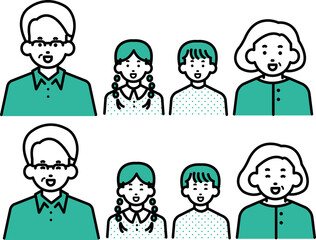 祖父母と孫のイラスト、表情近いの素材セット