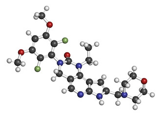 Pemigatinib cancer drug molecule 3D rendering. Atoms are represented as spheres with conventional color coding: hydrogen (white), carbon (grey), nitrogen (blue), oxygen (red), fluorine (light green).
