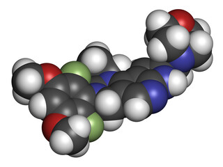 Pemigatinib cancer drug molecule 3D rendering. Atoms are represented as spheres with conventional color coding: hydrogen (white), carbon (grey), nitrogen (blue), oxygen (red), fluorine (light green).