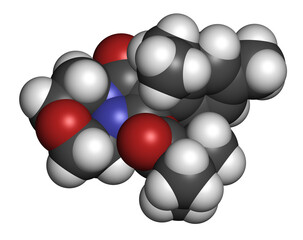 Pinoxaden herbicide molecule, 3D rendering.